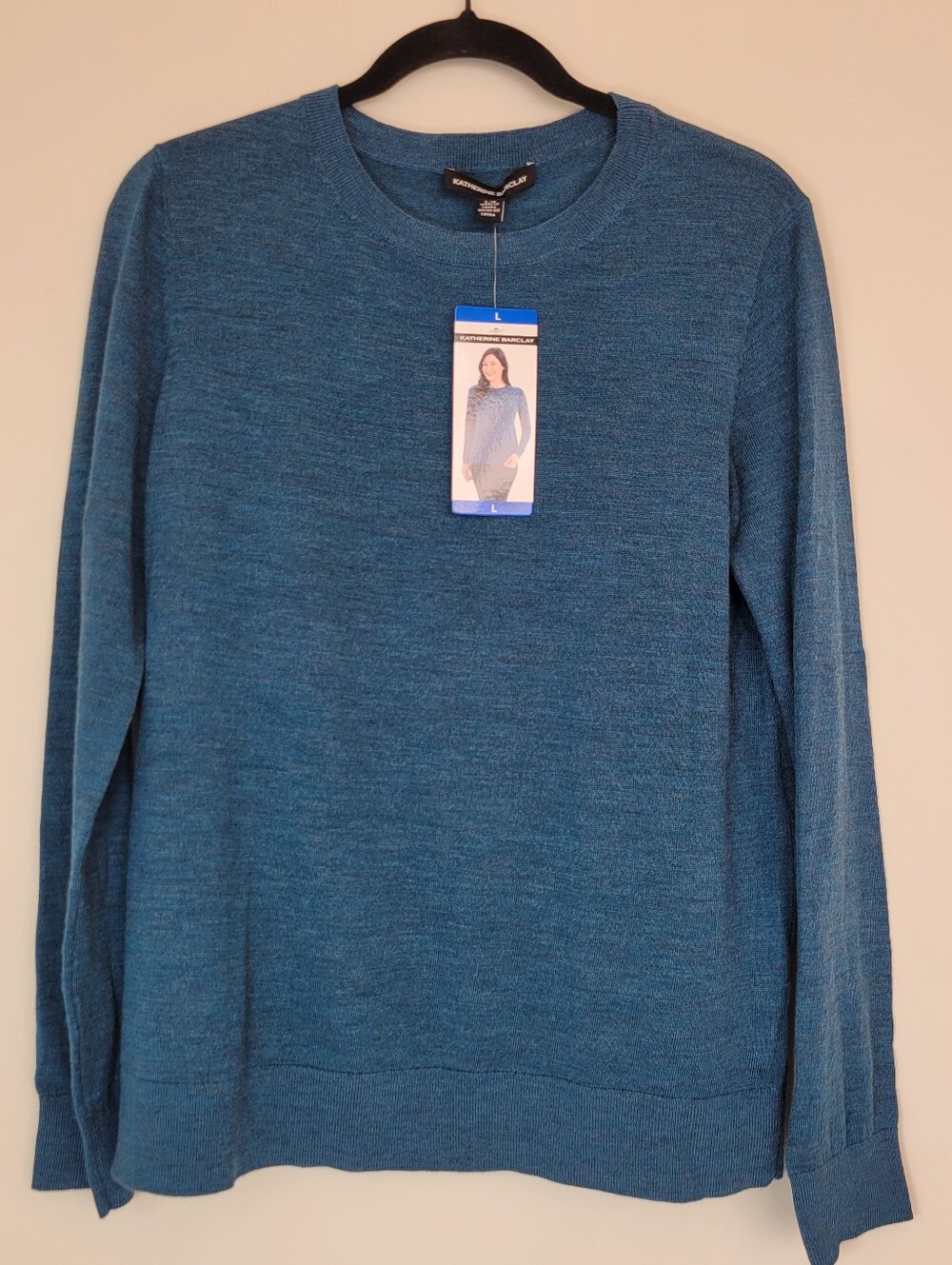 Katherine Barclay 100% Extra FINE Merino Wool Blue Crewneck Sweater NWT L